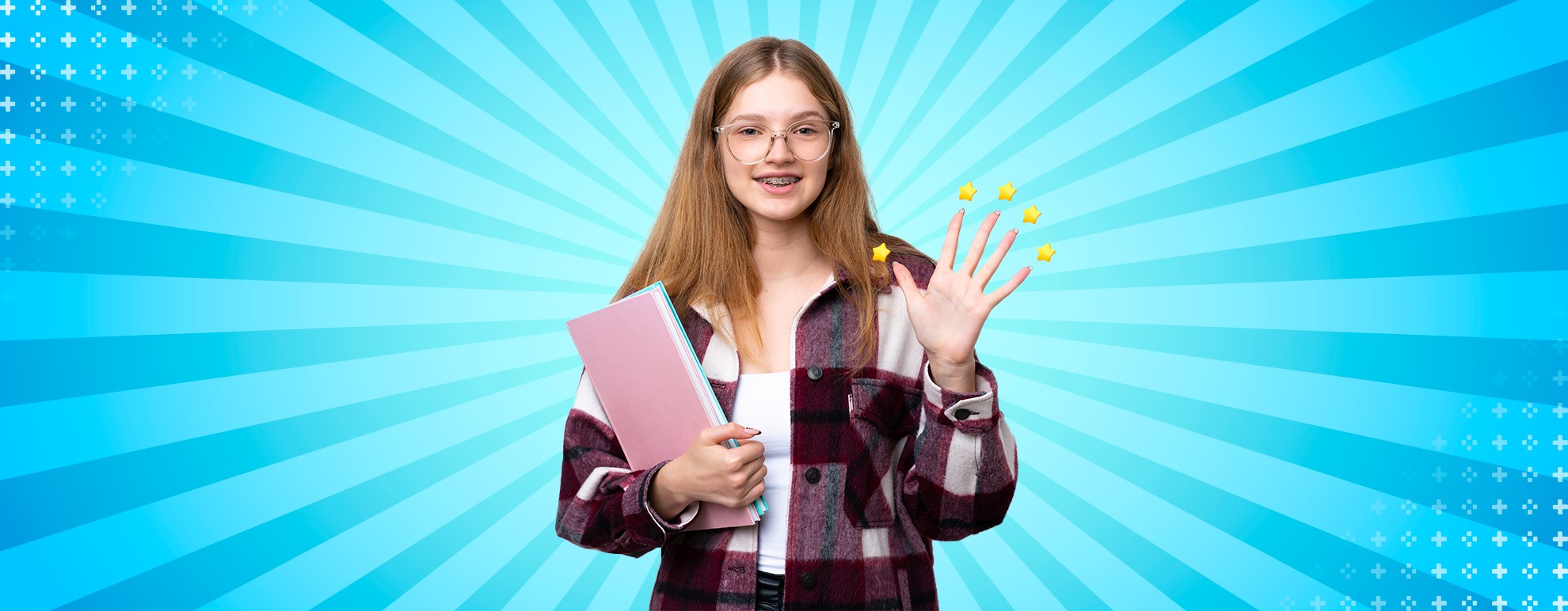 desenho de uma adolescente, de óculos, segurando um caderno em sua mão direita, com a mão esquerda levantada, mostrando os cinco dedos, para indicar as 5 dicas do texto